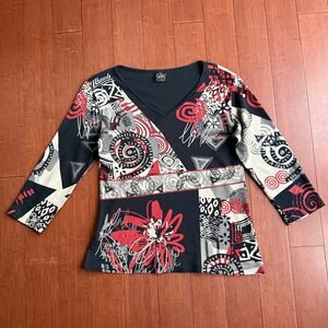 Katina Marie M Abstract Print V Neck 3/4 Sleeve Top Made in USA Size M